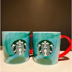 Set of 2 Starbucks 2024 Holiday Mug Set – 11 oz Ceramic – Green & Red Marbled